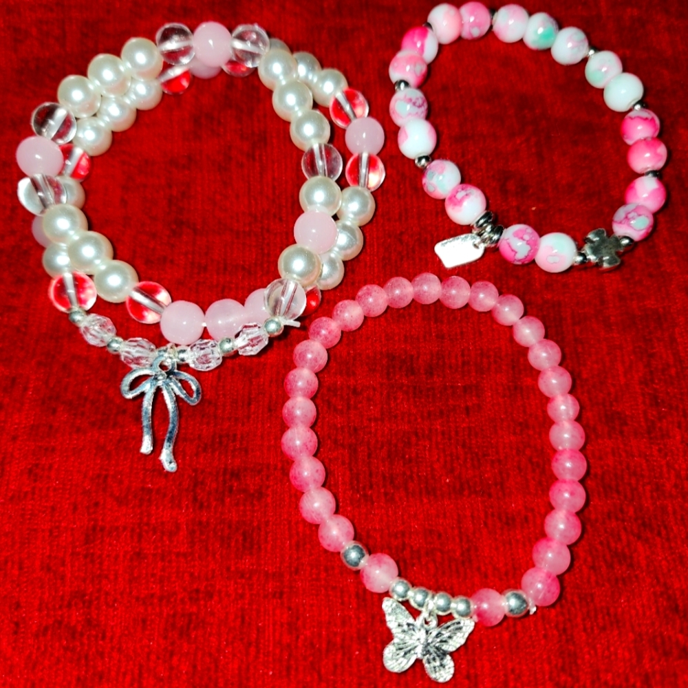 Pink glass bead bracelet bundle princess jewelry elastic band pearl handmade